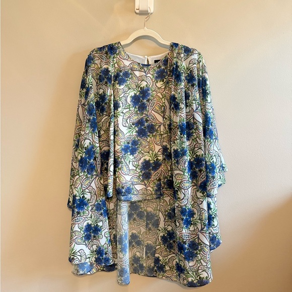 Badgley Mischka • Georgette Paisley Printed Blue Green Cape Top Sz Small Boho - Picture 4 of 10